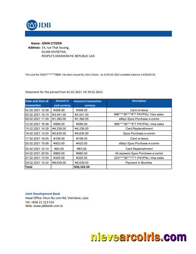 Realistic Laos Joint Development Bank (JDB) Statement Easy To Fill Template In .xls And .pdf File Format