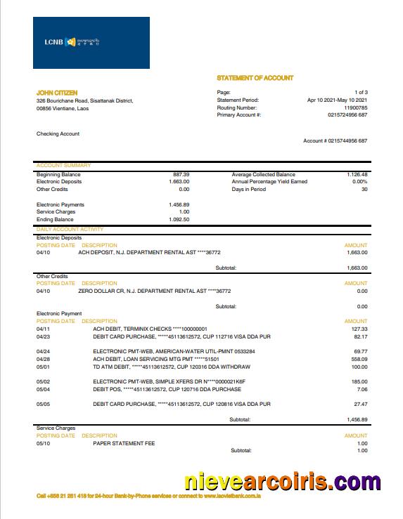Editable Laos LCNB Bank Statement Template In Word And PDF Format