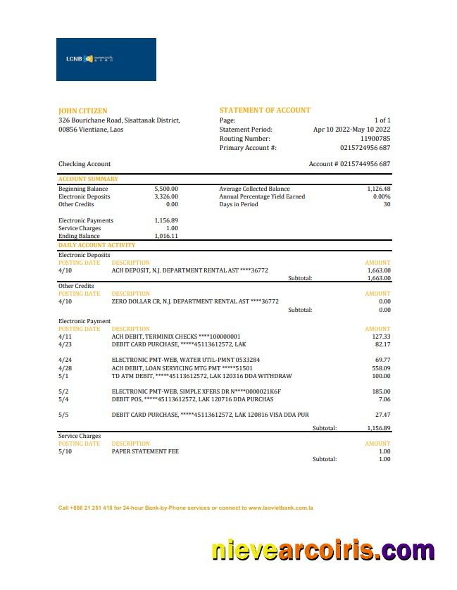 Laos LCNB Bank Statement Preview