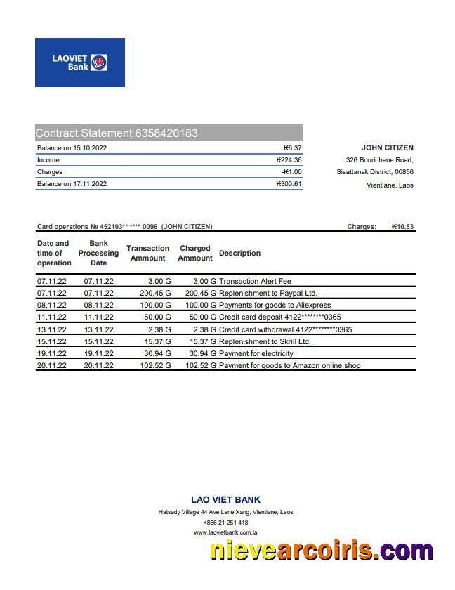 Laos Lao Viet Bank Statement Sample