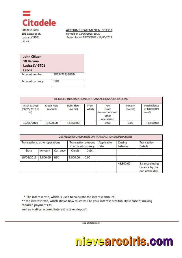 Realistic Latvia Citadele Bank Statement Template, Word And PDF Format (.doc And .pdf)
