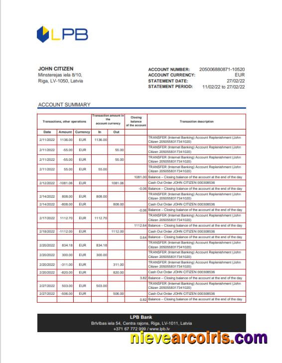Premium Latvia LPB Bank Statement Excel And PDF Template