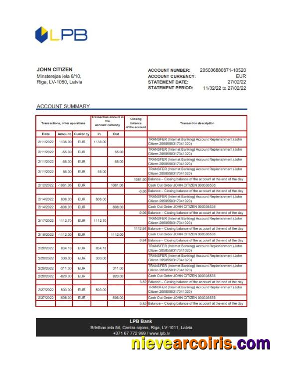 Latvia LPB Bank Statement Preview