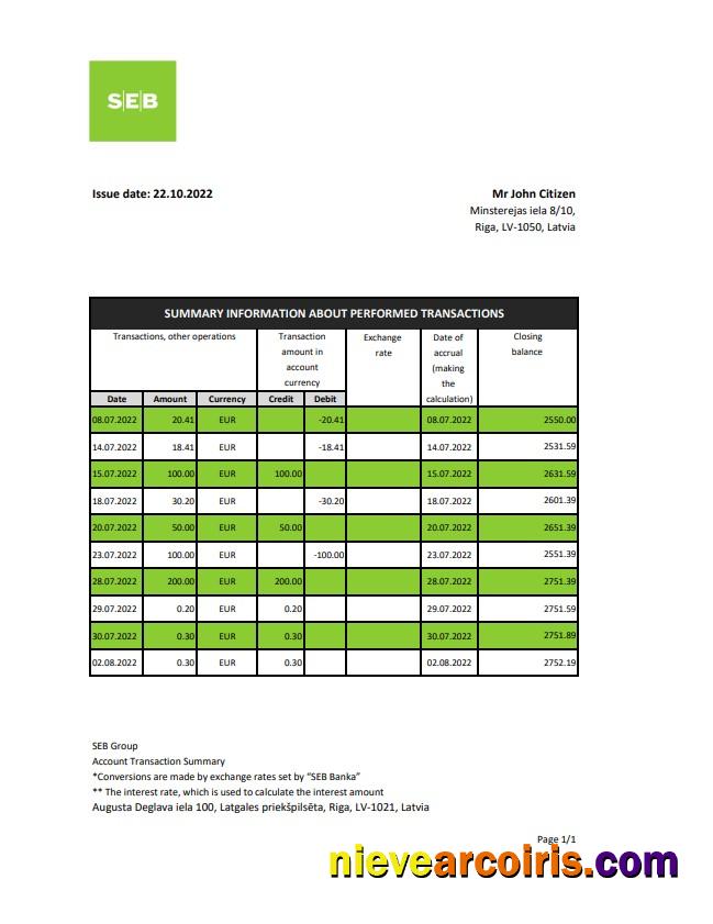 Latvia SEB Bank Statement Sample