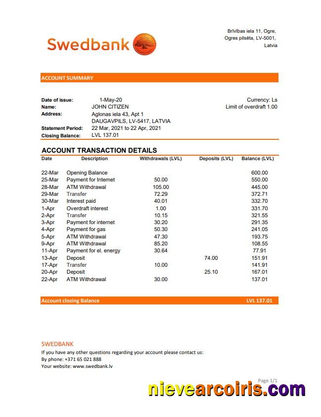 Realistic Latvia Swedbank Bank Statement Easy To Fill Template In .xls And .pdf File Format