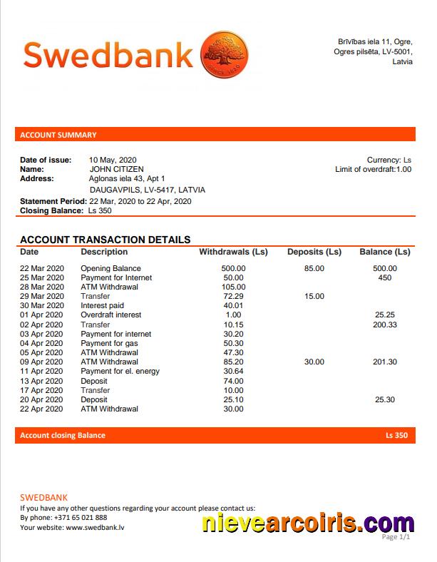 Editable Latvia Swedbank Bank Statement Template, Word And PDF Format (.doc And .pdf)