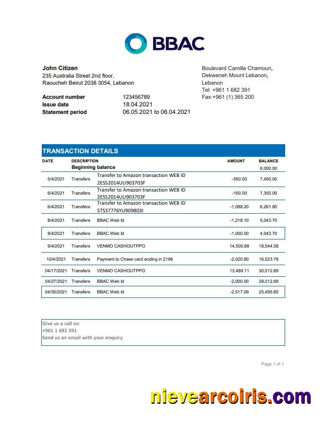 Premium Lebanon BBAC Bank Statement Easy To Fill Template In .xls And .pdf File Format