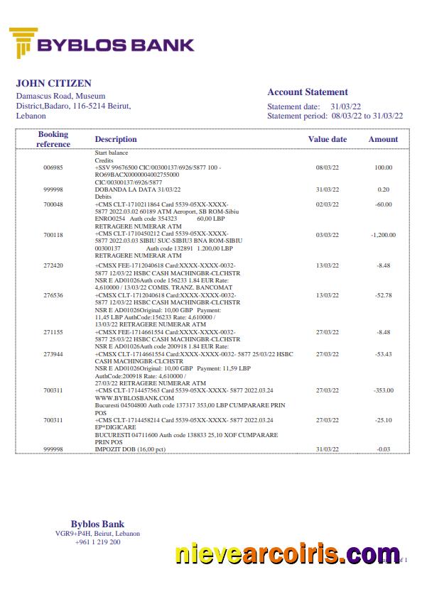 Realistic Lebanon Byblos Bank Statement Template In Word And PDF Format