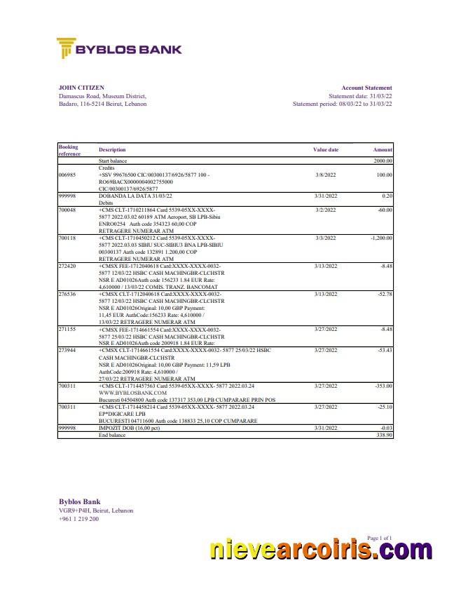 Lebanon Byblos Bank Statement Sample