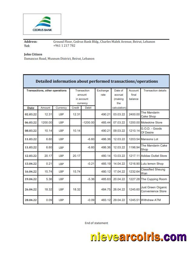 Lebanon Cedrus Bank Statement Xls Sample
