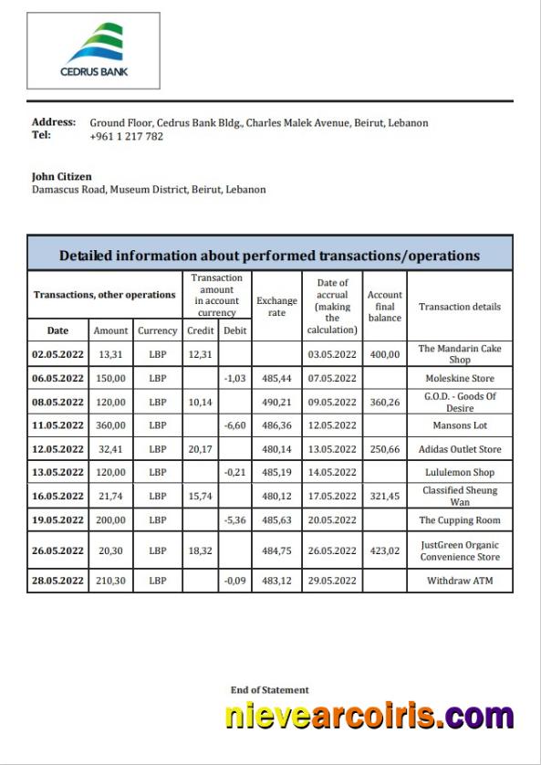 Lebanon Cedrus Bank Statement Template