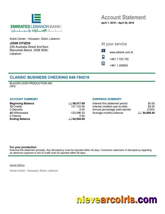 Lebanon Emirates Lebanon Bank Statement Template