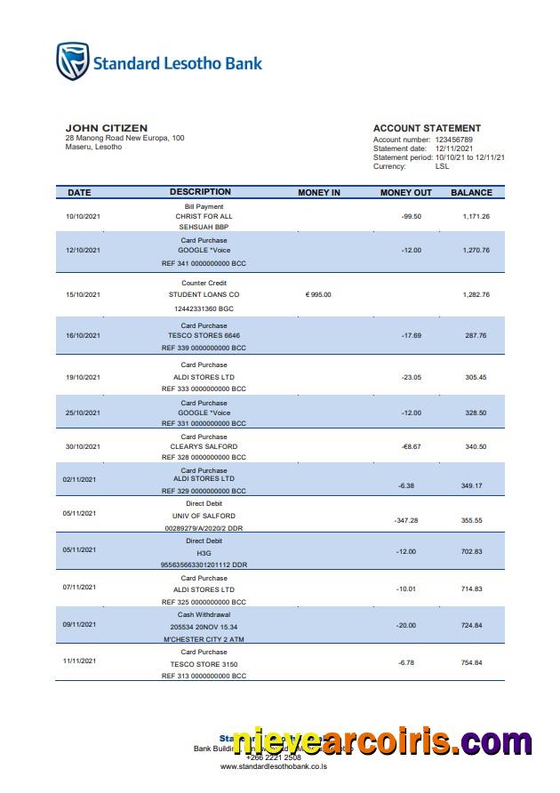 Lesotho Standard Lesotho Bank Statement Preview