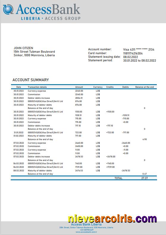 Editable Liberia Access Bank Statement Template In Word And PDF Format