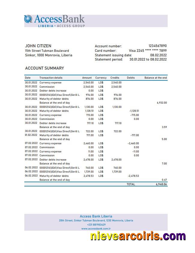 Liberia Access Bank Statement Sample