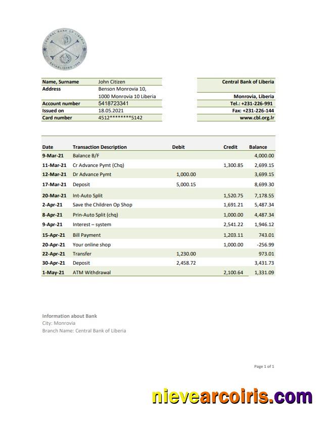 Editable Liberia Central Bank Of Liberia Bank Statement Easy To Fill Template In .xls And .pdf File Format