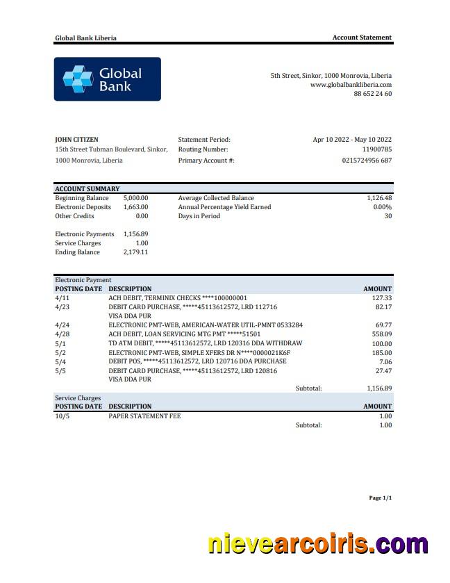 Liberia Global Bank Statement Photolook