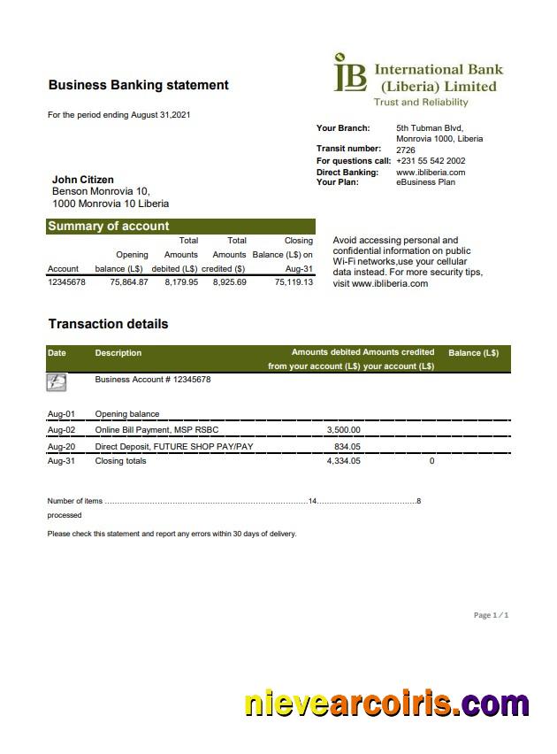 Liberia IB International Bank Excel Pdf Template