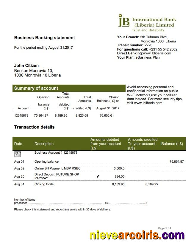 Liberia IB International Bank Statement Photolook