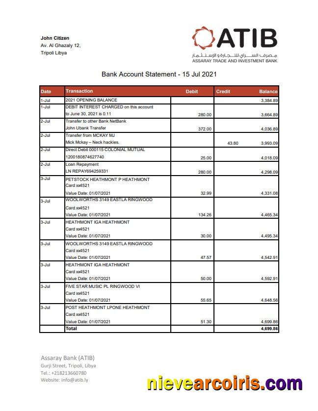 Editable Libya Assaray Bank (ATIB) Statement Easy To Fill Template In Excel And PDF Format