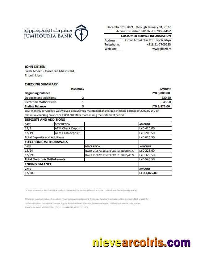 Libya Jumhouria Bank Statement Preview