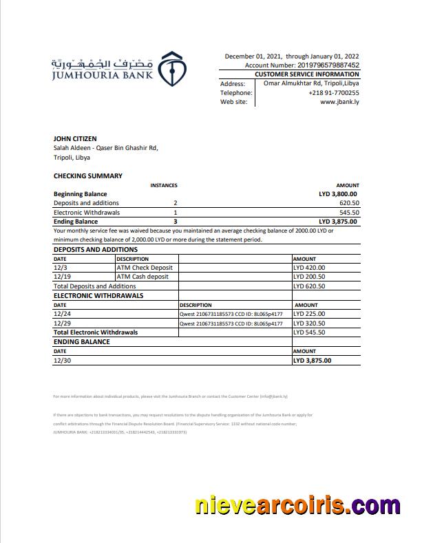 Professional Libya Jumhouria Bank Statement Excel And PDF Template