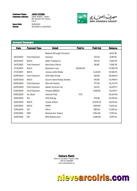 Professional Libya Sahara Bank Statement Template In Word And PDF Format