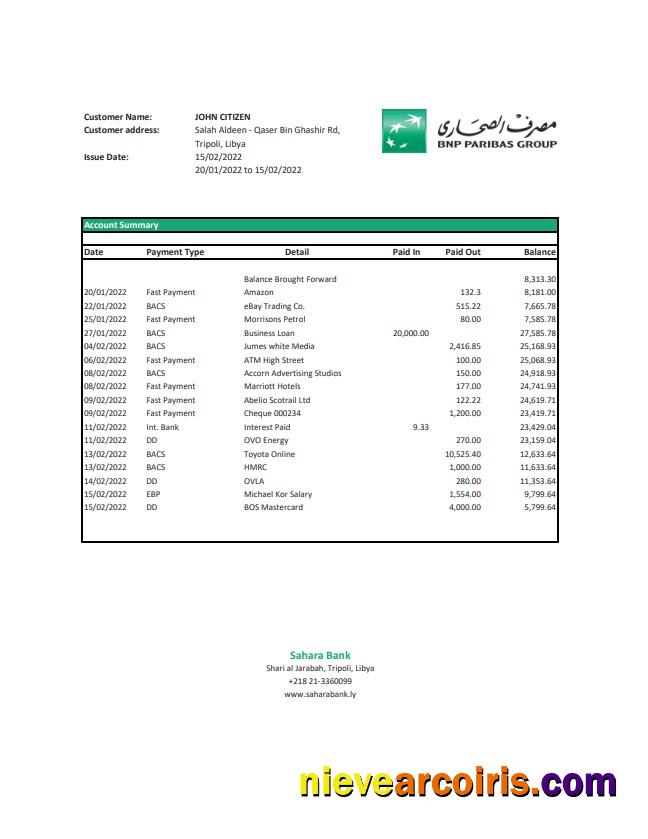 Libya Sahara Bank Statement Sample