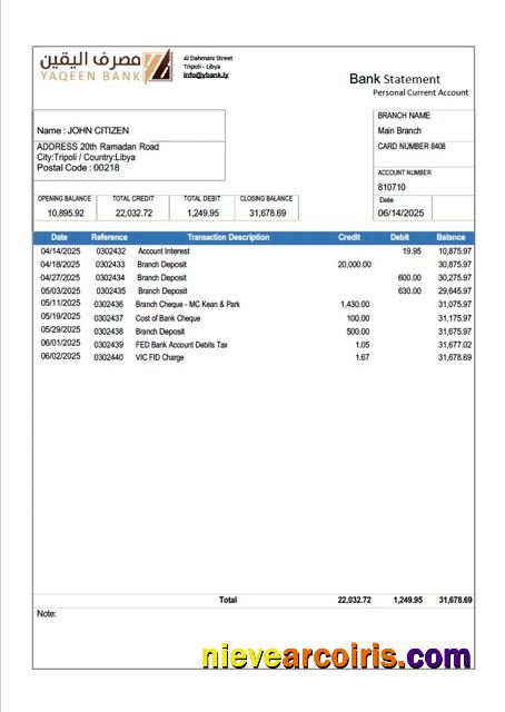 Professional Libya Yaqeen Bank Statement Word And PDF Template