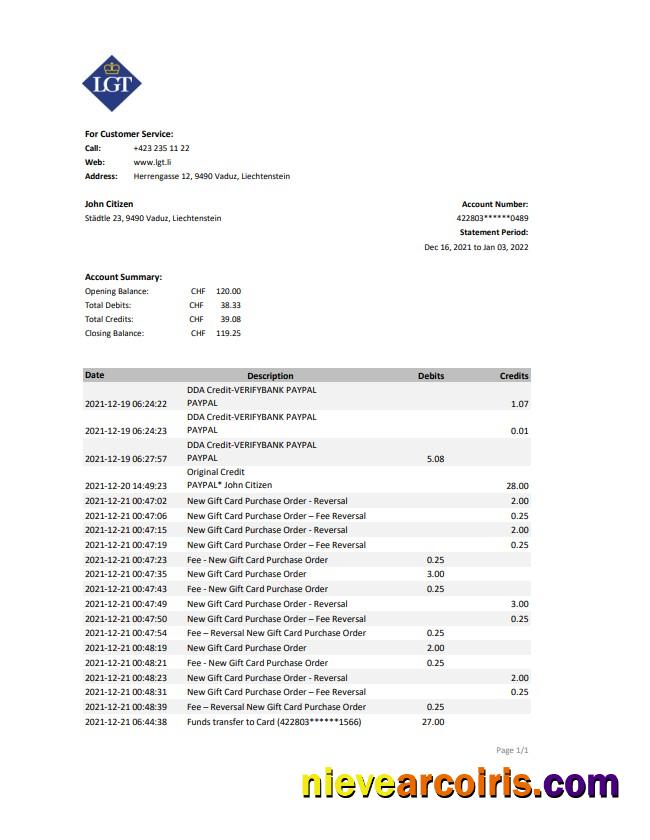 Liechtenstein LGT Bank Statement Sample