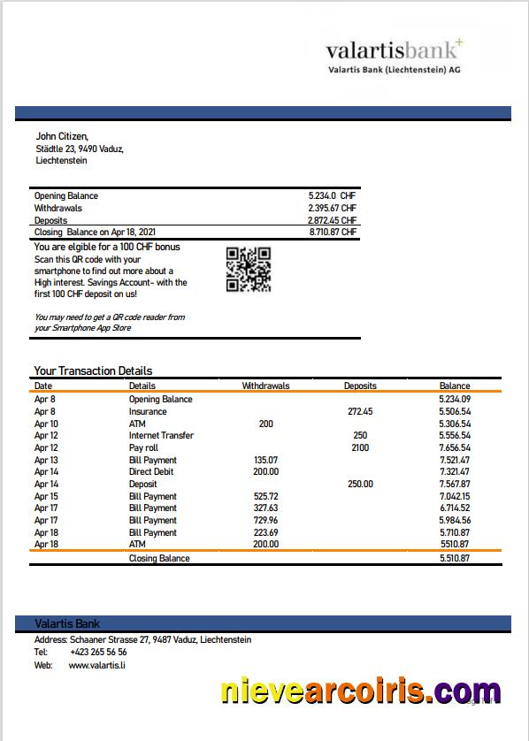 Professional Liechtenstein Valartis Bank Statement Template In Word And PDF Format