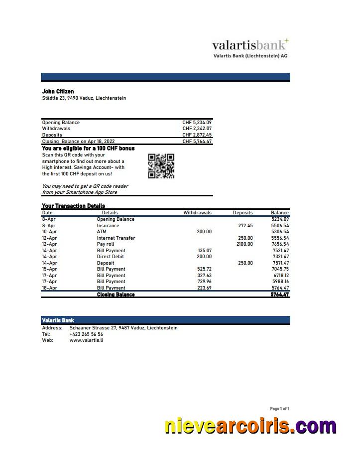 Liechtenstein Valartis Bank Statement Photolook