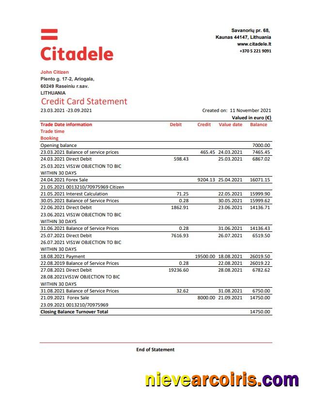Realistic Lithuania (Litva) Citadele Bank Credit Card Statement Template In Excel And PDF Format