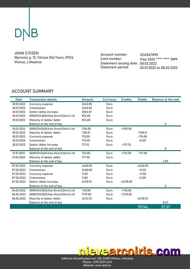 Lithuania DNB (Litva) Bank Statement Template