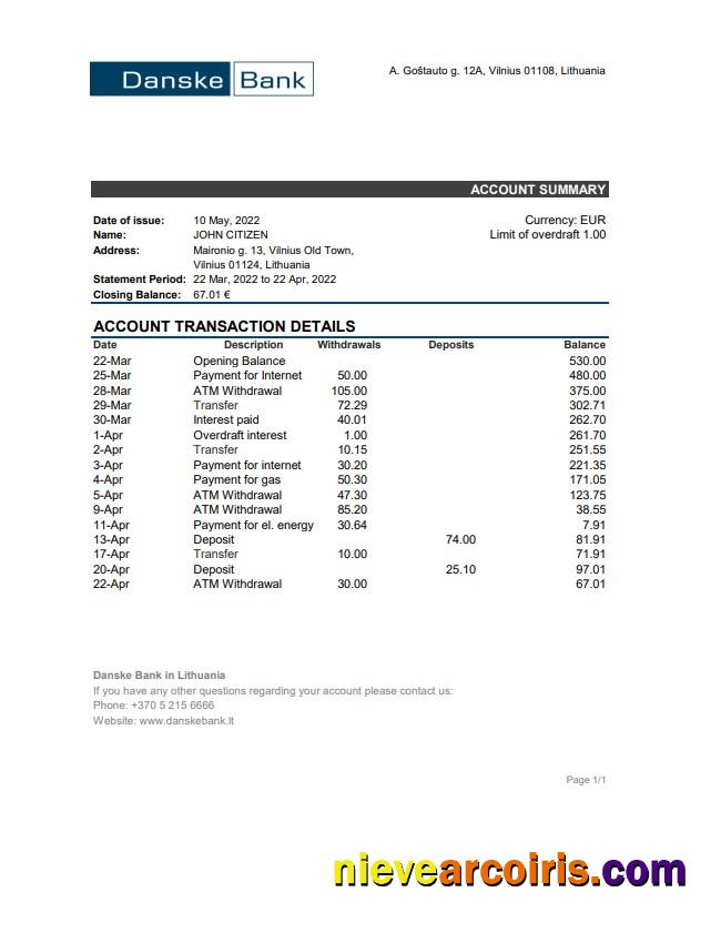 Lithuania Danske Bank Statement Preview