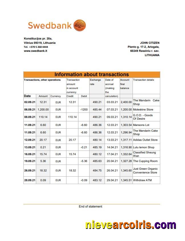 Editable Lithuania Swedbank Bank Statement Easy To Fill Template In .xls And .pdf File Format