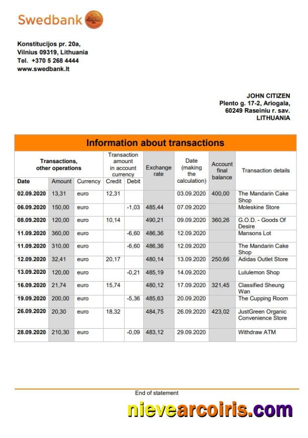 Lithuania Swedbank Statement Template