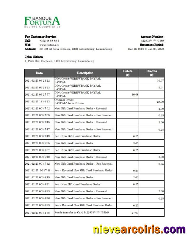 Luxembourg Fortuna Banque Bank Statement Preview