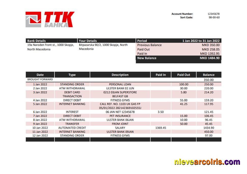 Editable Macedonia TTK Bank Statement Template In Word And PDF Format
