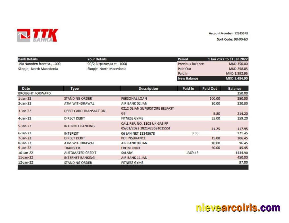 Macedonia TTK Bank Statement Sample