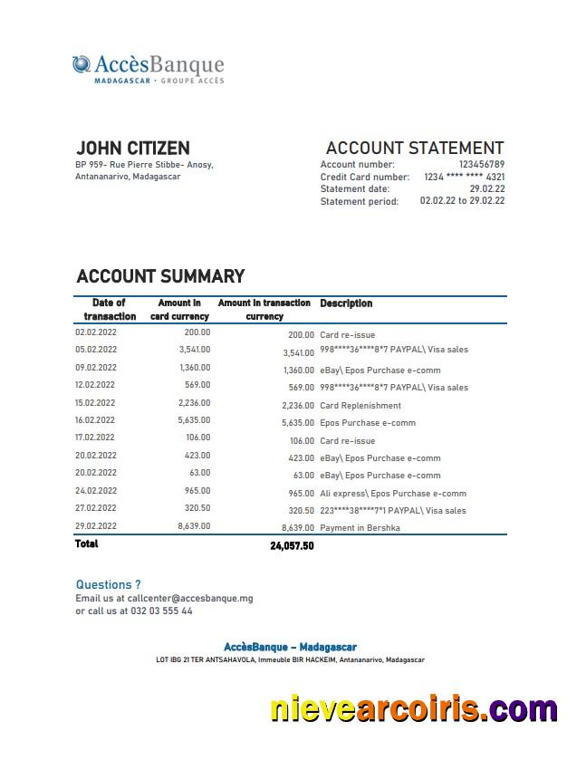 Madagascar Acces Banque Bank Statement Xls Template