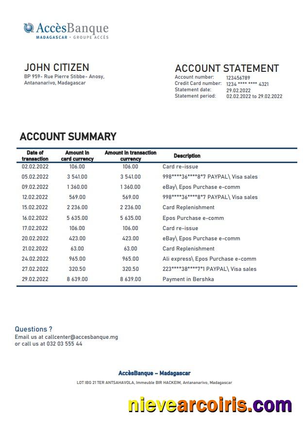 Madagascar Acces Banque Bank Statement Template