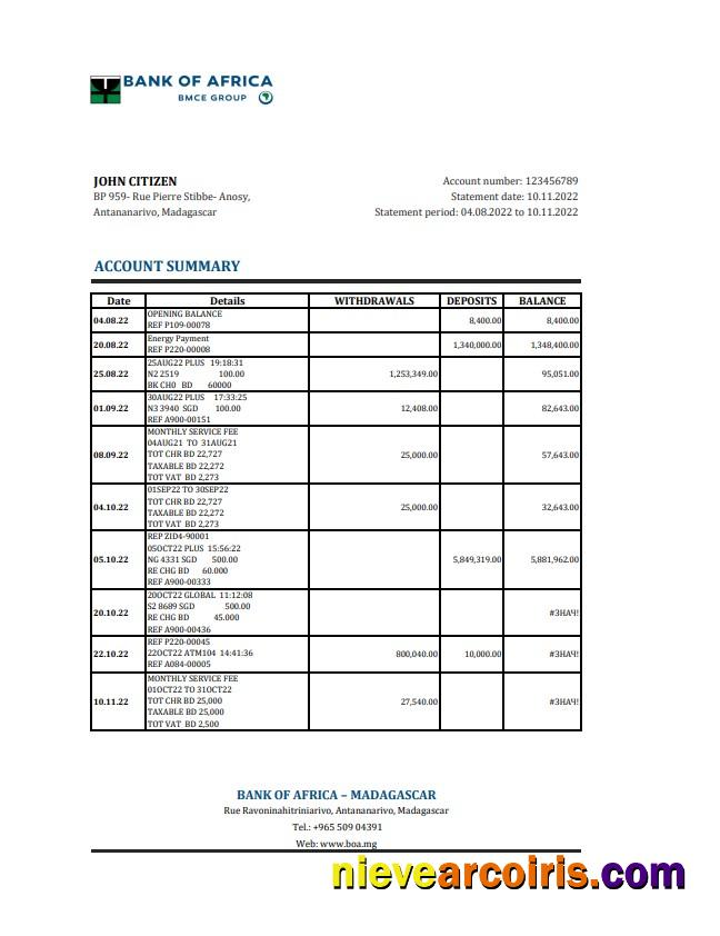 Madagascar Bank Of Africa Bank Statement Photolook