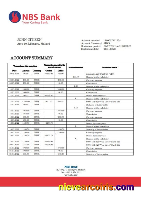 Malawi NBS Bank Statement Template