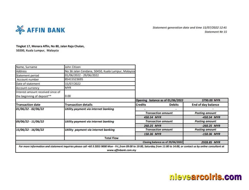 Malaysia Affin Bank Statement Sample