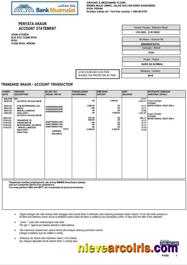 Malaysia Bank Muamalat Bank Account Statement Template