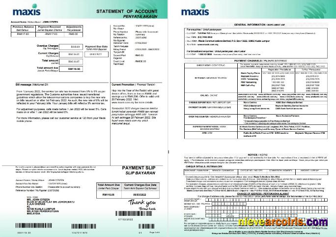 Malaysia Maxis Bank Statement 5 Pages Template