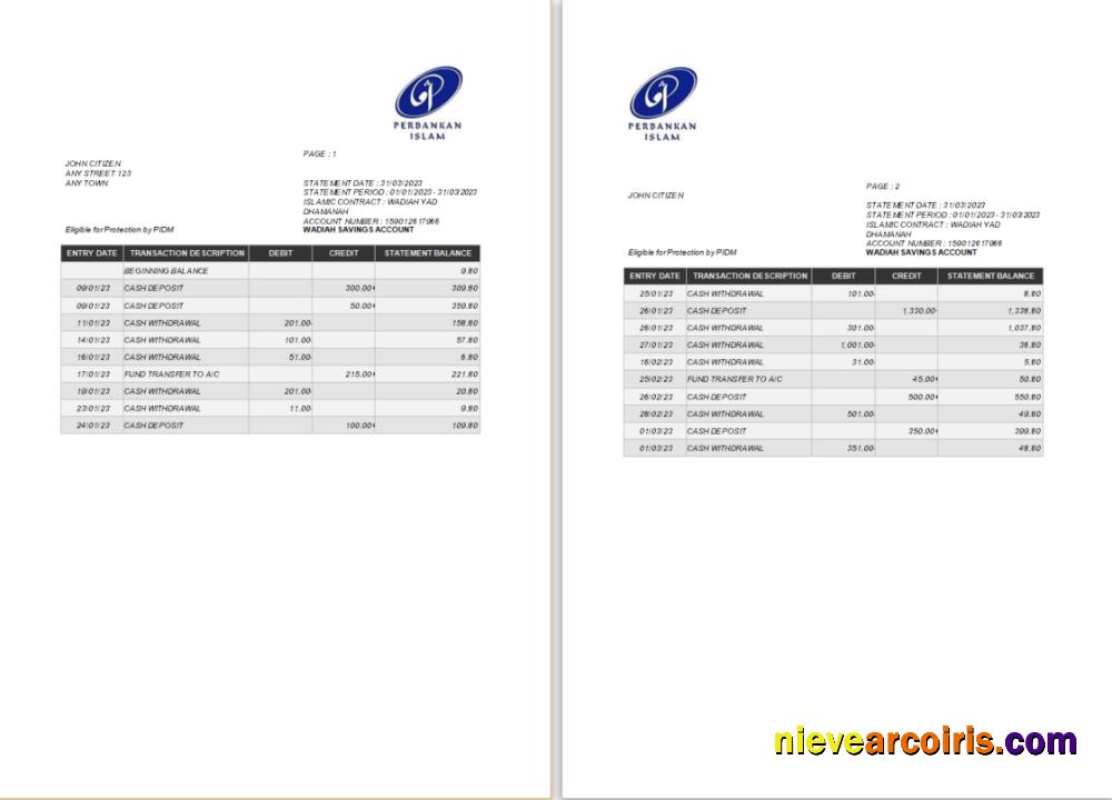 Malaysia Perbankan Islam Bank Statement Word And PDF Tmplate 1 Scr Sample