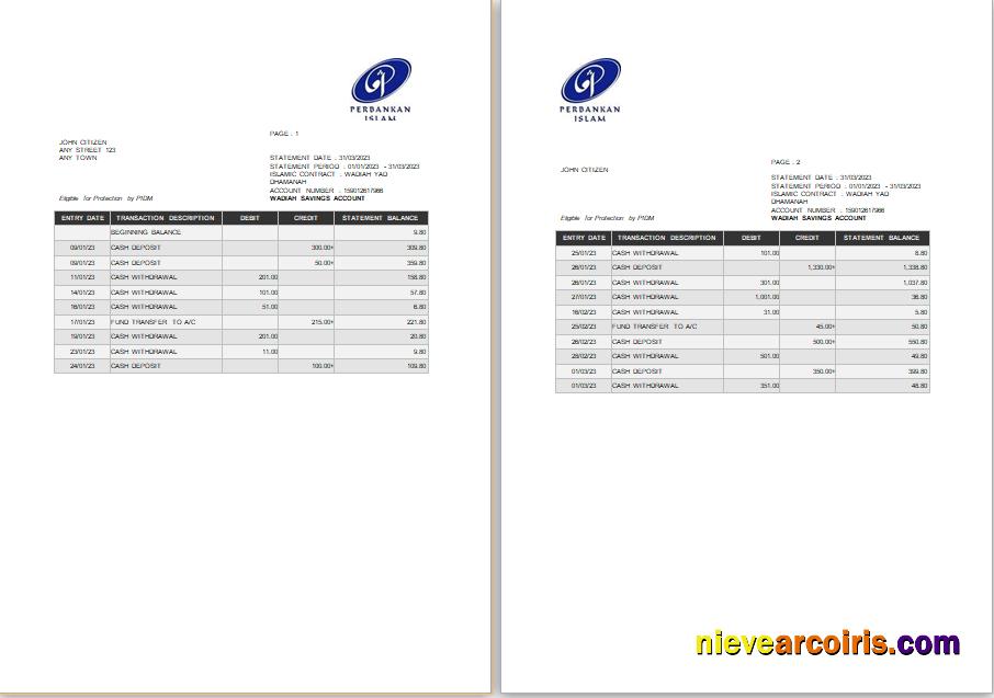 Malaysia Perbankan Islam Bank Statement Word And PDF Tmplate Sample