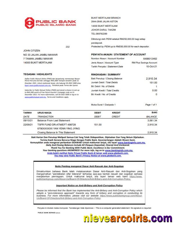Premium Malaysia Public Bank Statement Easy To Fill Template In Excel And PDF Format